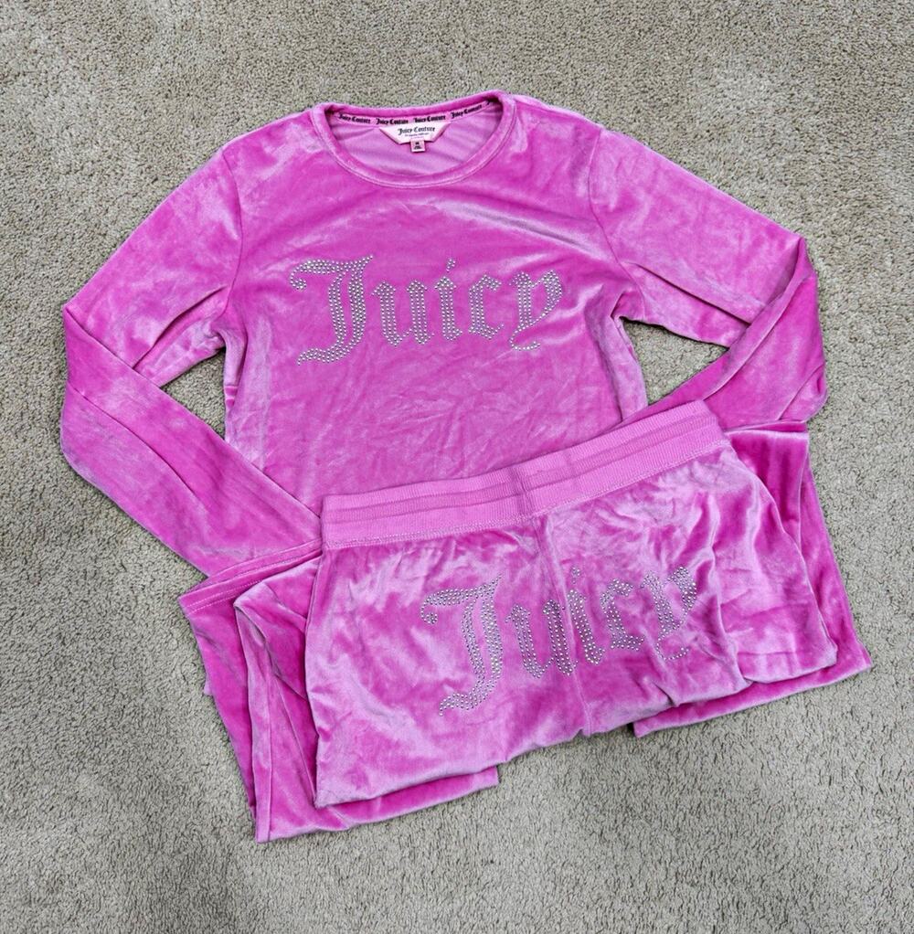 Y2K Juicy Couture Pink Velour Rhinestone Logo T-Shirt & Pants 2-Piece PJ M 242